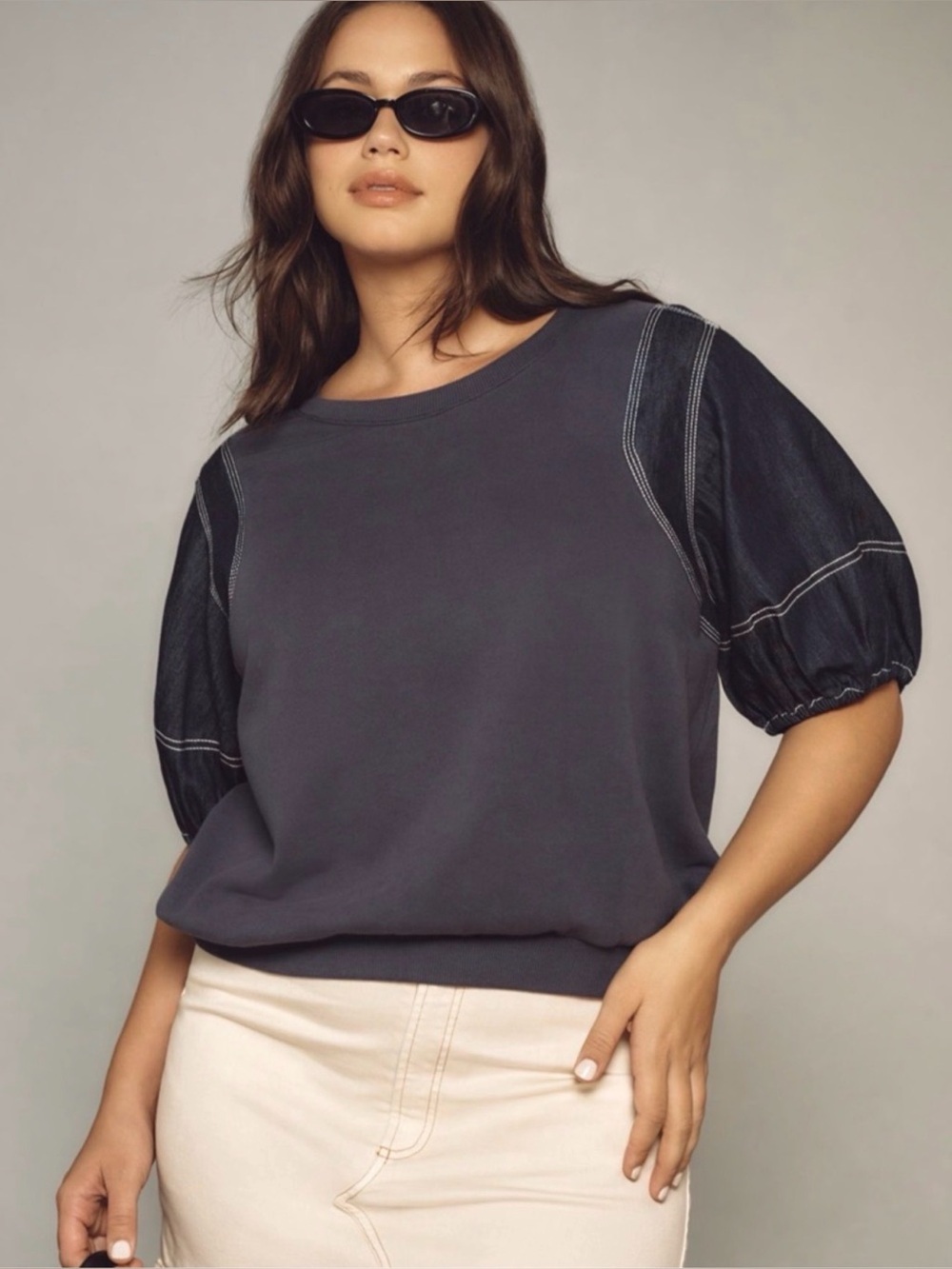 Pilcro Anthropologie Denim Sleeve Twofer Sweatshirt Small Puff Sleeve Top Fall - Picture 2 of 6